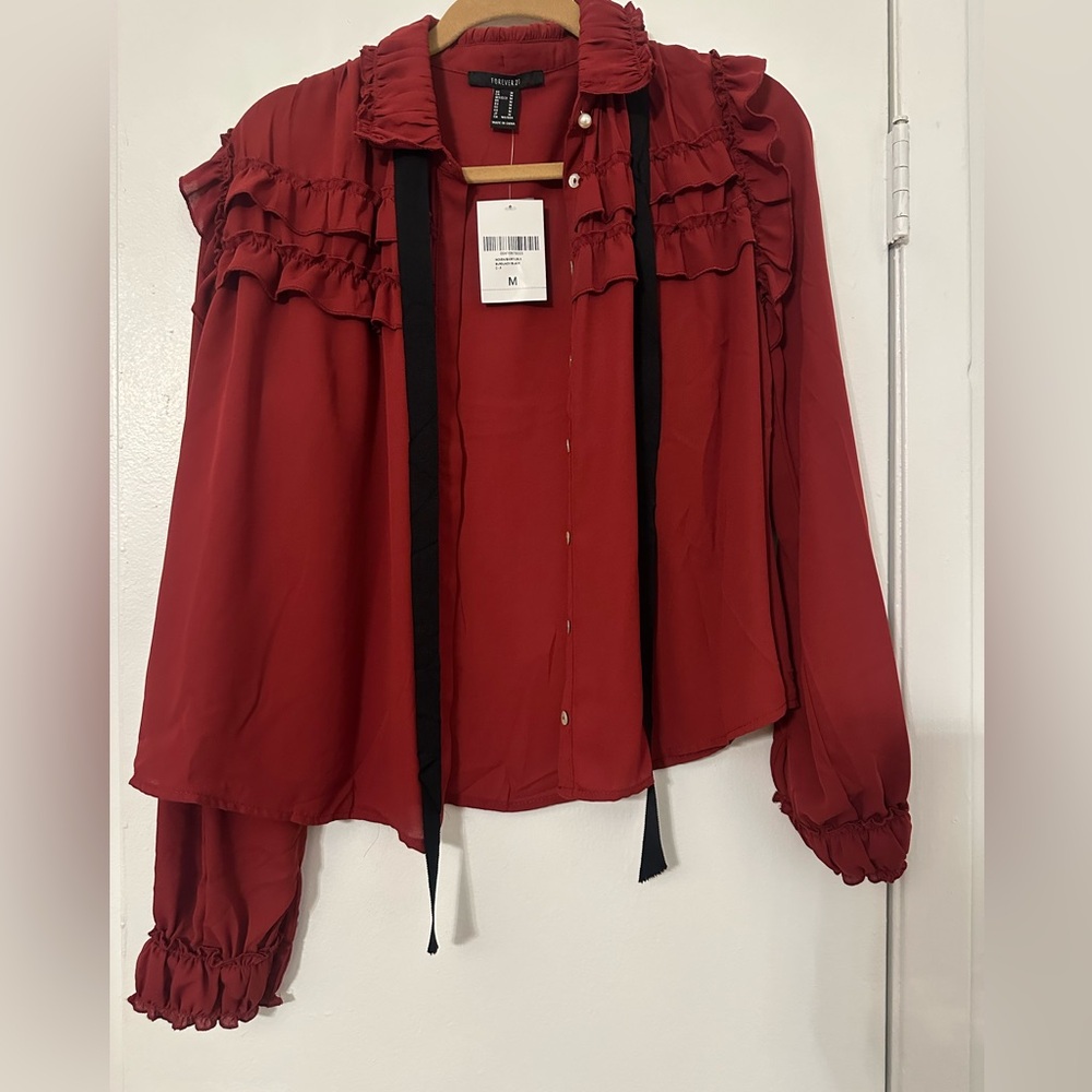 Forever 21 Red Ruffled Blouse with Black Ties